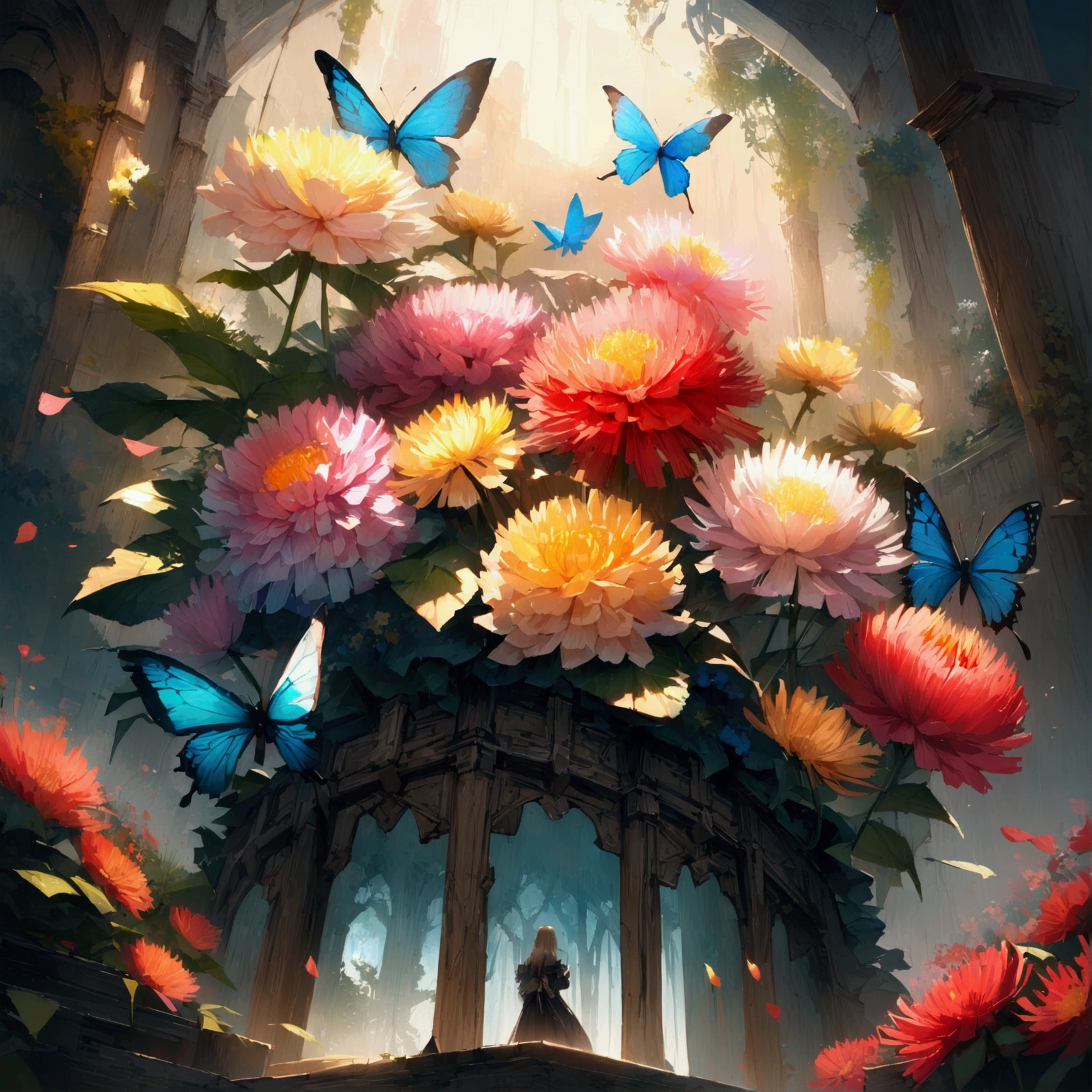 The background is greenish blue..,모든 것은 jewel으로 표현된다, The coming of spring, A variety of beautiful chrysanthemums
, Beautiful butterflies,View below, falling from the sky々jewel, Amazingly beautiful scenery, Slightly blurry, very cool, high resolution, 8k, (best quality, high resolution, realistic:1.37), Shiny Metal Flower, Complex and delicate petals, reflective surfaces, vivid colors, intricate details, View larger, 超realisticな庭園, 超realisticな美しさ, dreamy atmosphere, Art, abstract plant, Pieces of metal, Contrasting textures, mysterious glow