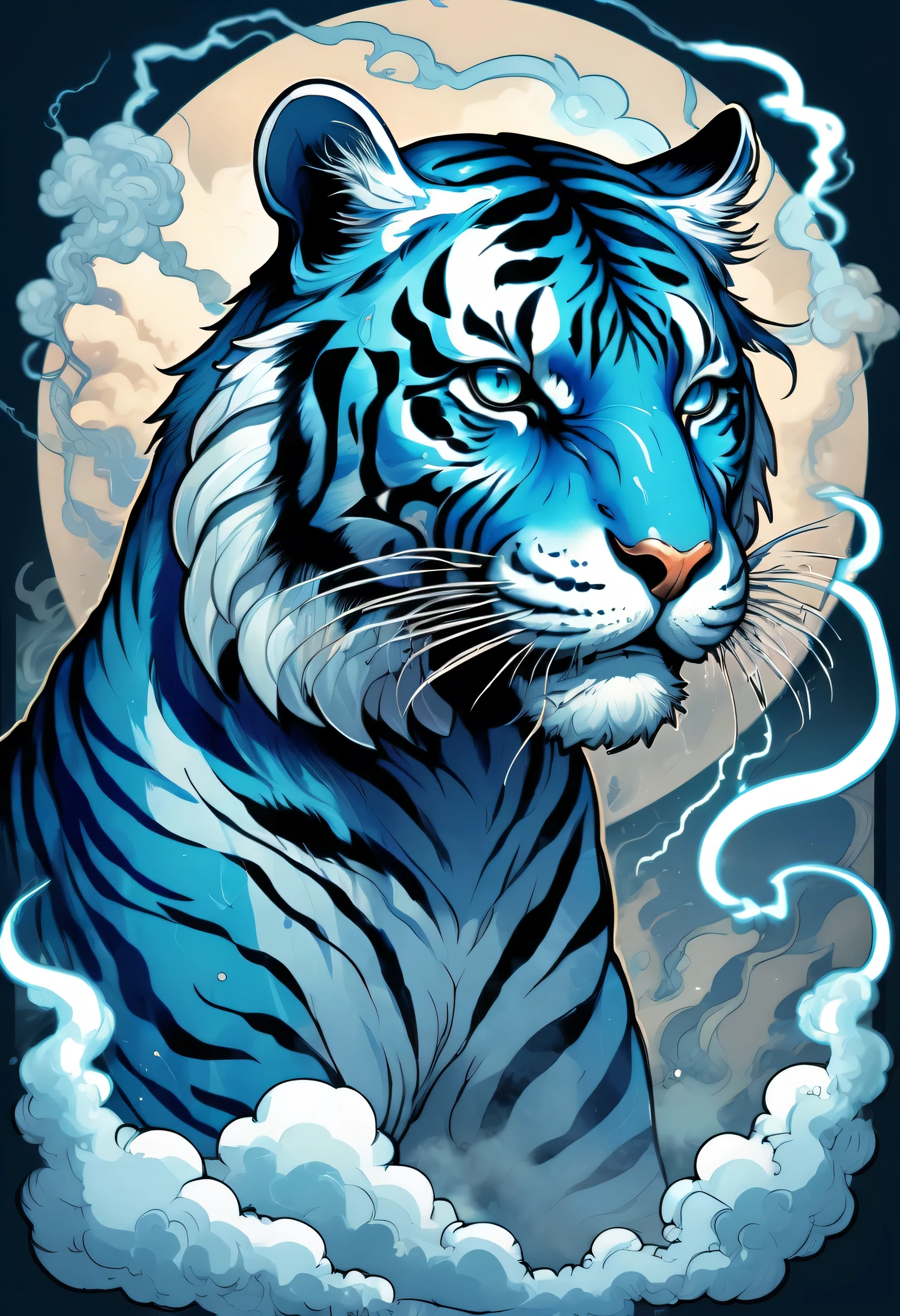 ccxl-mucha, art style,blue tiger, side view, beast, roarr, lightning, smoke, cloud, Psychedelic art drdjns style, comic book artwork in dgst artstyle  