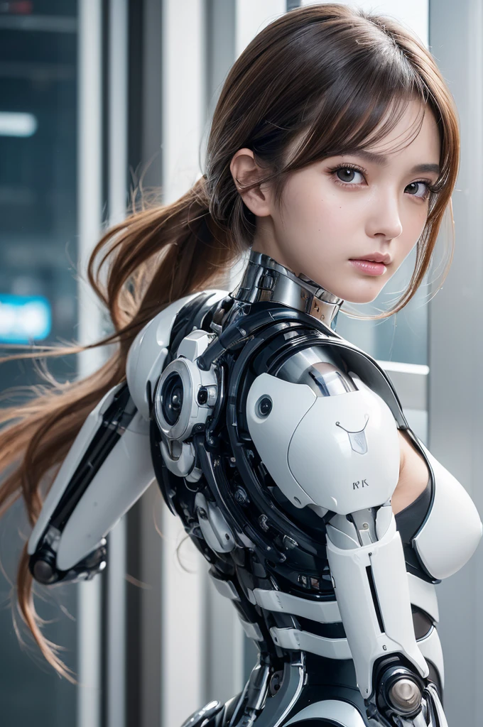 (masterpiece,best quality:1.4),(8k,raw photo,photo realistic:1.2),perfect anatomy,shiny skin,detailed skin,detailed face,detailed eyes, (white and black:1.2), (full body), mechanized cyborg japanese girl, puffy face, broad jawline, light silver brown hair, cyberpunk, (Wide view from bottom)