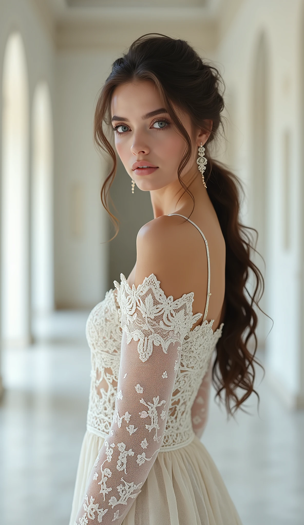 in a white hall similar to the Taj Mehal, ((medium shot, full body shot,))) masterpiece, a model lace brazier, 8k beautiful 2, (((close-up portrait,))) (Frontal view:1.4), symmetrical face, symmetrical eyes, hyper 8k detailed photo, 8k resolution concept