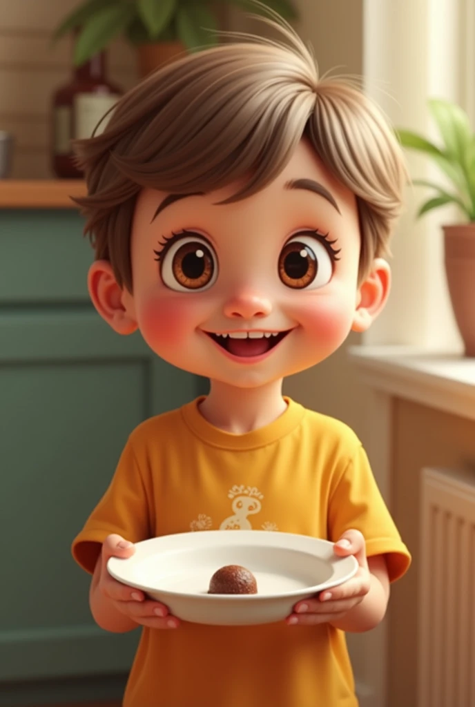 The same child from the drawing eating brigadeiro without the plate in the image