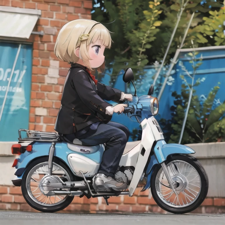 (masterpiece, high quality, 最high quality:1.2)，16K、reality，alone，cute young girl，He sits with his legs spread apart in a green, modified old Honda Super Cub.，Down Straight Muffler，middle School girls，uniform，foot，ステップにfoot，sneakers:1.3，Fluttering skirt，From the side、Riverside at dusk，whirlwind，Panchi et al....，Watercolor style，Removing the Stand:1.3，From the back，