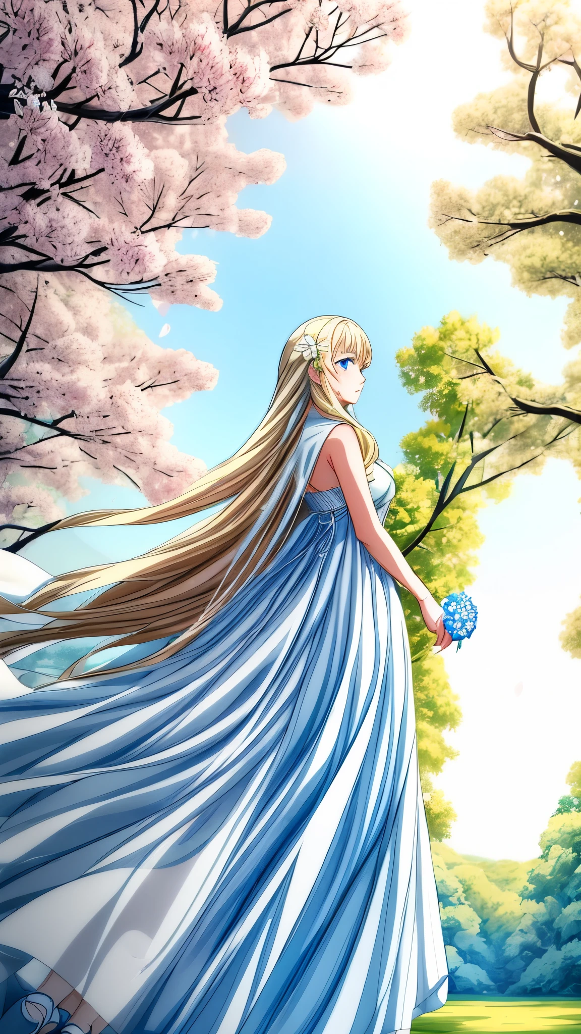 A beautiful young woman with long wavy blonde hair with sweet blue eyes, wearing a white knee-length summer dress and elegant and tender white shoes, holding a white flower, surrounded by blooming tree branches with bright petals, soft lighting, anime style.