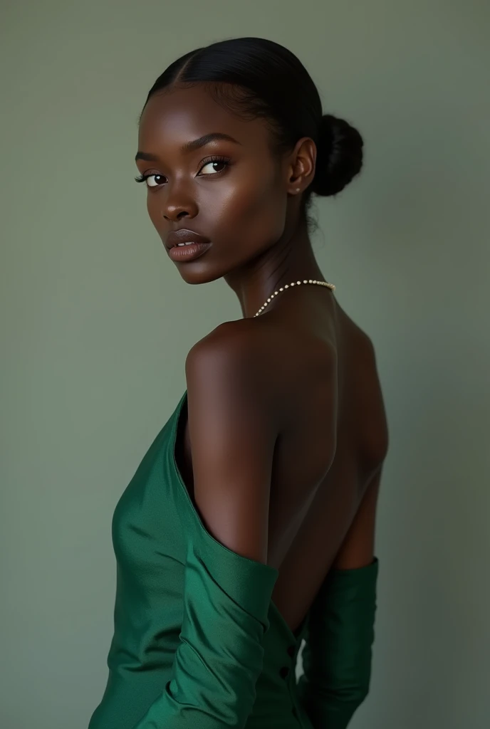 Black woman with cool toned skin tones, upturned button nose, small, fleshy mouth, Oval face, brown almond eyes, wears an emerald green dress that hugs her curves