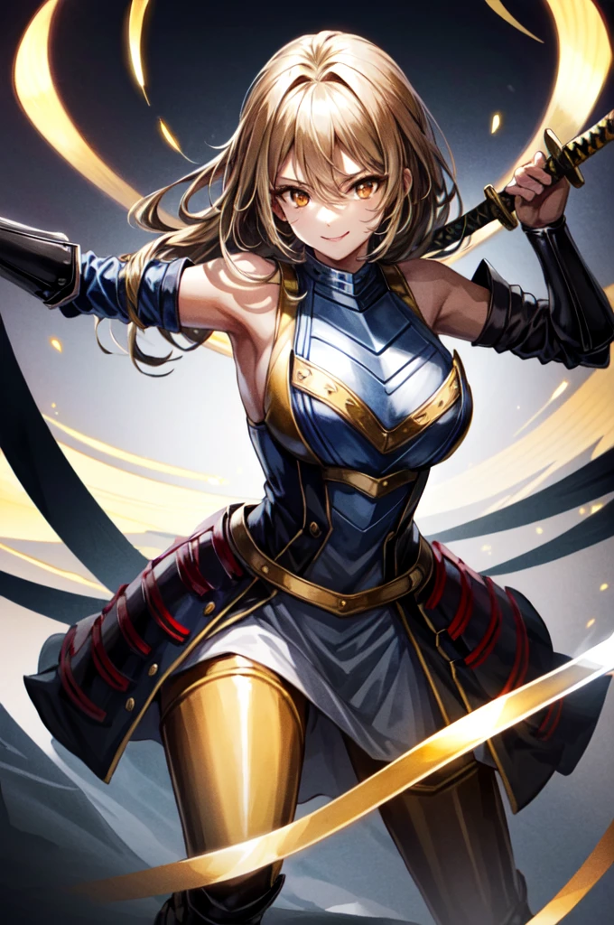 A woman in armor, Wearing light armor, Long, untied hair, Dark Blonde, Golden Eyes, snake pupils, Light makeup, Provocative smile, Big Breasts, bareshoulders, sleeveless, side boob, dynamic pose, holding sharp sword, full body, anime, cinematic lighting, cowboy shot, UHD, retina, masterpiece, accurate, anatomically correct, textured skin, super detail, high details, high quality, award winning, best quality, highres