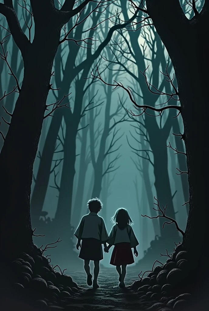 In a dark, eerie forest, Hansel and Gretel, pale and emaciated, wander through the shadowy trees. Their expressions are filled with despair and fear. The trees seem to close in around them, and their breath is visible in the cold air, adding to the sense of isolation and dread
