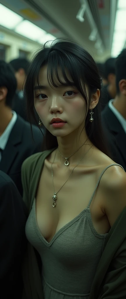 (32K:1.9, Horror depictions:1.9, Highest quality, masterpiece, Ultra-high resolution, Professional random angle camera work:1.5, Very detailedな肌と顔の質感:1.4), Always accurate, Very detailed, bag, (Cute Japanese Woman, Camisole dress and cardigan:1.6, Incredibly slim body:1.3, areola is not visible:1.4, Big breasts on the verge of collapse), ((Crowded train:2.0, Crazy behavior:1.9, Threesome middle-aged Japanese men hugging women on train:1.7)), belt, Fair skin, elegant, sense of cleanliness, Thin eyebrows, (Big eyes that exude beautiful eroticism:0.4, Her facial expression when she feels that she is being caressed intensely, Expressions of drowning in pleasure, A look that shows deep contempt for you:1.0, Please open your mouth a little, lipstick, Feel the beautiful eroticism:1.0, Dark brown medium hair), Earrings, necklace, bracelet, romantic, mysterious, Object of admiration, original, dramatic, artistic, Innovative, charm, Heartful, Fancy, Tilt, sense of loss, special, ((exciting, Extreme, sense of openness, suffering, sufferingの表現)), ((Mistakes of Youth, 女性的なcharm))