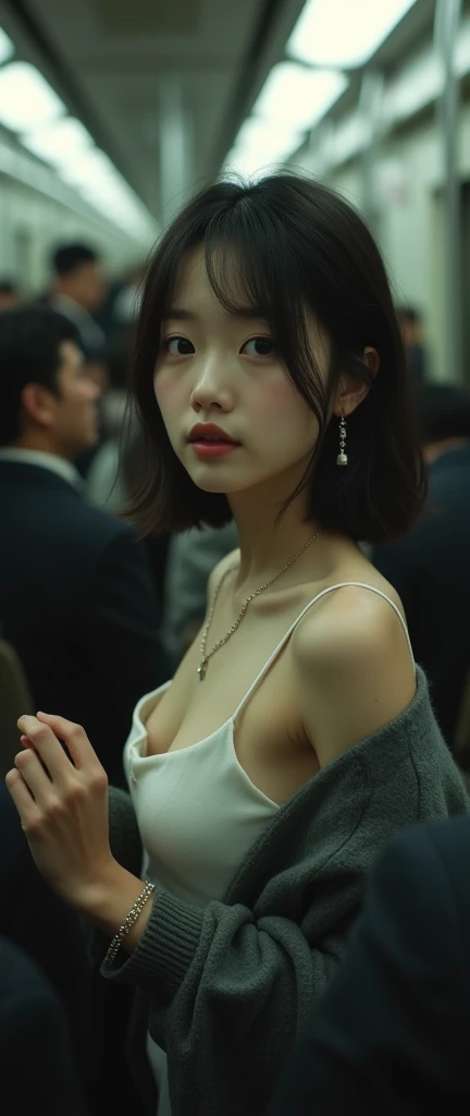 The 8k quality, Best Quality, Ultra-high resolution, masutepiece, Photorealistic, One girl, tense look, Trend Makeup, bob cuts, (Slit Dresses, Form Fit Clothing), Sexy, Cinematic lighting , main character, Super Slender, G Cup, (Do not wear underwear), The number of people who are about to be crushed in the crowd, Dynamism, Necklace, Magazine Cover, Only there