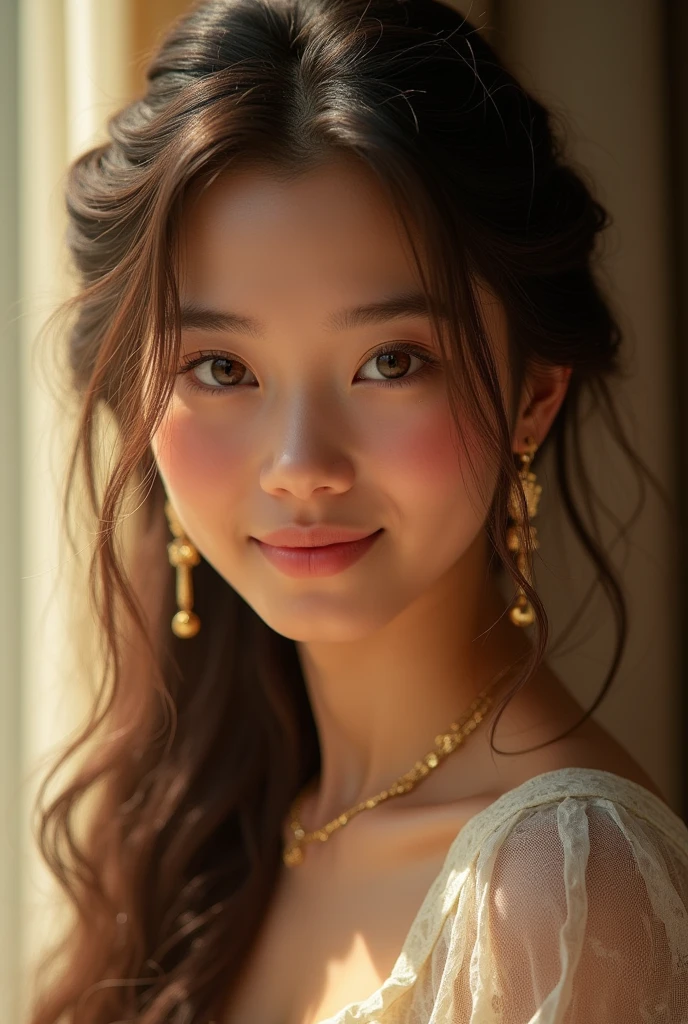 a young smiling girl with long brown hair and earrings, detailed beautiful face, intricate hairstyle, elegant jewelry, delicate skin, warm smile, soft lighting, photorealistic, 8k, highly detailed, masterpiece, cinematic composition