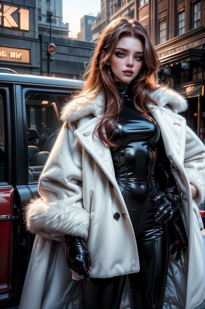 a beautiful young woman with long red hair, lora_Emma, wearing a tight black latex two piece suit, a white fur coat, and sunglasses, standing outside,(best quality,4k,8k,highres,masterpiece:1.2),ultra-detailed,(realistic,photorealistic,photo-realistic:1.37),detailed face, detailed eyes, detailed lips, long eyelashes, beauty, fashion, portrait, glamorous, elegant, studio lighting, dramatic lighting, high contrast, vivid colors, cinematic,xuer white fur coat, coat on shoulders