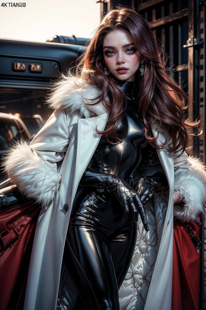 a beautiful young woman with long red hair, lora_Emma, wearing a tight black latex two piece suit, a white fur coat, and sunglasses, standing outside,(best quality,4k,8k,highres,masterpiece:1.2),ultra-detailed,(realistic,photorealistic,photo-realistic:1.37),detailed face, detailed eyes, detailed lips, long eyelashes, beauty, fashion, portrait, glamorous, elegant, studio lighting, dramatic lighting, high contrast, vivid colors, cinematic,xuer white fur coat, coat on shoulders