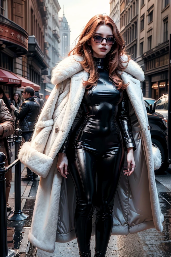 a beautiful young woman with long red hair, lora_Emma, wearing a tight black latex two piece suit, a white fur coat, and sunglasses, standing outside,(best quality,4k,8k,highres,masterpiece:1.2),ultra-detailed,(realistic,photorealistic,photo-realistic:1.37),detailed face, detailed eyes, detailed lips, long eyelashes, beauty, fashion, portrait, glamorous, elegant, studio lighting, dramatic lighting, high contrast, vivid colors, cinematic,xuer white fur coat, coat on shoulders