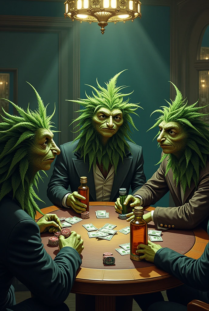 Dessin Partie de poker ou les joueurs sont des plants de cannabis , avec beaucoup d'argent et de jetons sur la table et si whisky et des joints qui fument et des armes