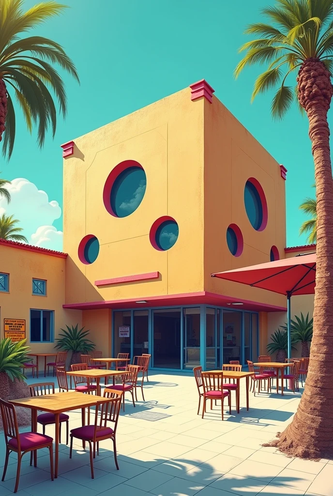 Image in architectural drawing style, unrealistic, fullcolor, em 2d ,of a beautiful large rectangular building, form of surplus ,with 4 circular windows, casa de Events, with patio in front containing empty tables and chairs, feast no interior, with a small warning sign on the wall saying no drinks and another large sign like a blank sign for the concert venue , casa de show, feast, Events, glass doors and windows, feast acontecendo no interior 