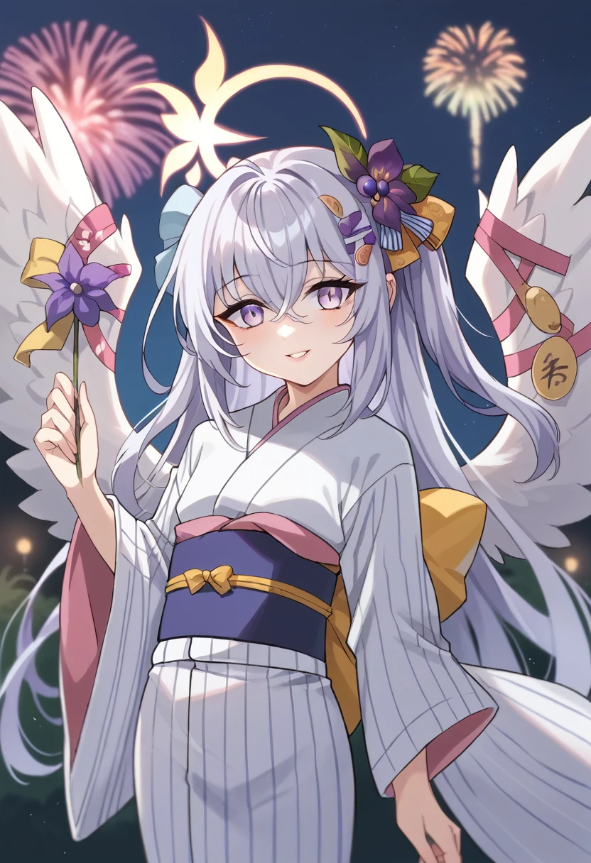 azusa \(blue archive\),1girl alternate_costume angel_wings blurry depth_of_field feathered_wings flower hair_between_eyes hair_flower hair_ornament halo holding_fireworks japanese_clothes kimono long_hair long_sleeves night night_sky obi outdoors parted_lips purple_eyes sash sidelocks sky solo white_hair white_wings wide_sleeves wings yukata smile