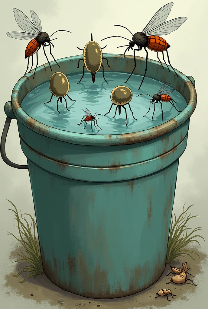 A IMAGE OF A DENGUE MOSQUITO IN WATER ITS LIFE CYCLE IN THE BUCKET AND STAGNANT WATER