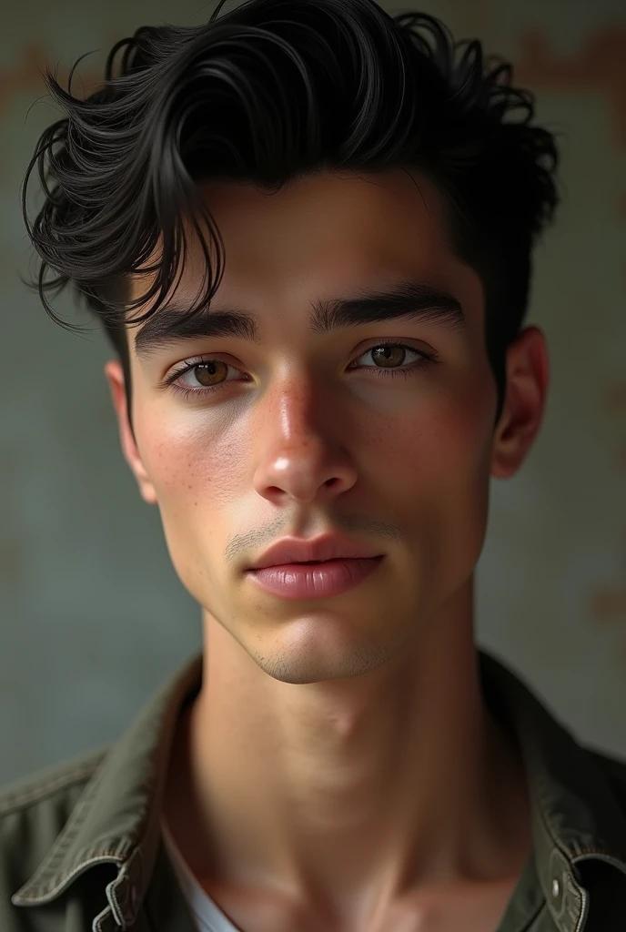 (photorealism:1.2), y guy, white skin, black hair, black eyes, Bambi eyes
