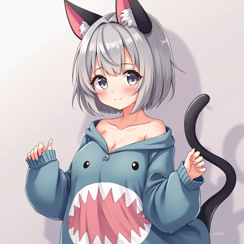 Anime style, masterpiece, greatest anatomy, detailed anatomy, girl, 1girl, catgirl, bob style hair, gray color hair, gray eyes, Black cat ears with pink inside, detailed cat tail, round breast, sexy, light smile, blushed, look at viewers, collarbone, hanging breast, anime, medium Breasts,tits, hanging breast, Anime style, masterpiece, greatest anatomy, detailed anatomy, 16YO, 1girl, catgirl, bob style hair, gray color hair, gray eyes, Black cat ears with pink inside, detailed cat tail, round breast, detailed cat ear, ring motif cat tail, shark pejamas