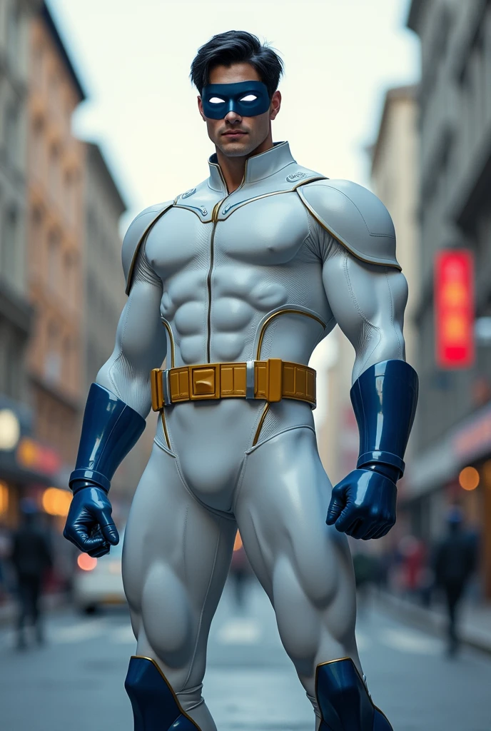 Create a male superhero short dark blue eye mask white clothes yellow brown belt blue gloves blue boots short black hair white eyes