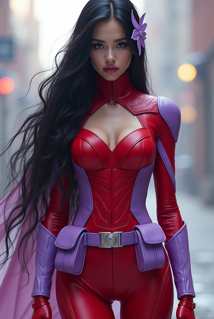 Create an image of a heroine's uniform, in red and lilac colors, with a red neck protector with lilac details.Neck collar style, covering the entire neck.Red utility belt with lilac pockets, Bblack hair, loose with lilac accessory.
need to have a neck protector.