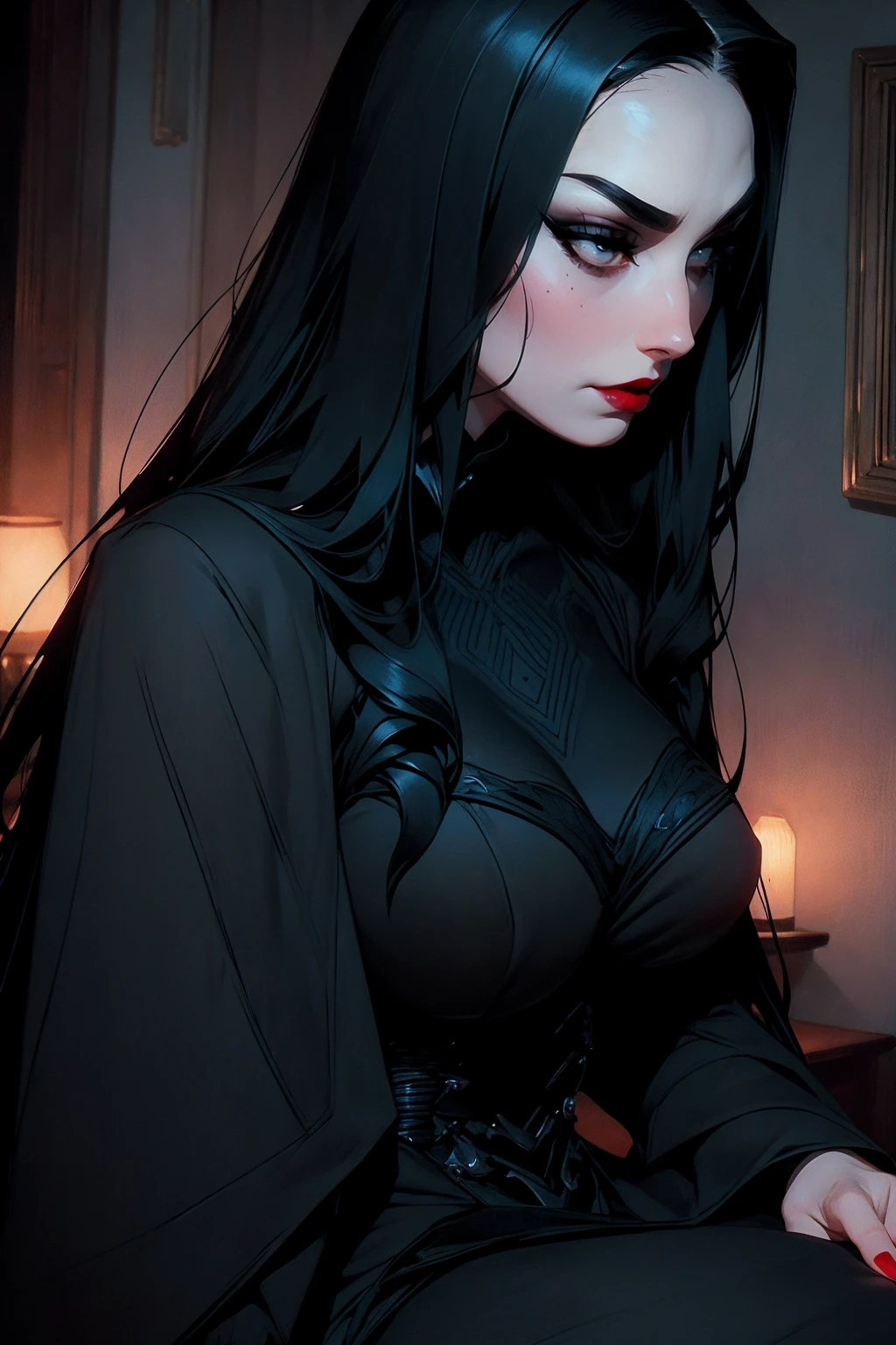 solo, (sophisticated dress:1.0), black dress ((masterpiece)),((high resolution)), ((best quality)), extremely fine and beautiful, super fine illustration, (realistic skin), (insanely detailed anime eyes), detailed face, vivid and beautiful, shocking sensation, incredibly detailed, beautiful detailed woman, supple breasts, front view, facing at viewer, black hair, (morticia addams), black eyes, (see-through:0.5), covered, ((black hair)), (very long hair), profile, sitting, plump breasts, plump thighs, wide hips, movie lighting, perfect shadow, realistic lighting shaded, red lips, (upper body), (big hips), looking at viwer