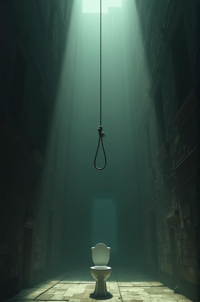 A really tall room with a toilet at the bottom and a noose all the way at the top