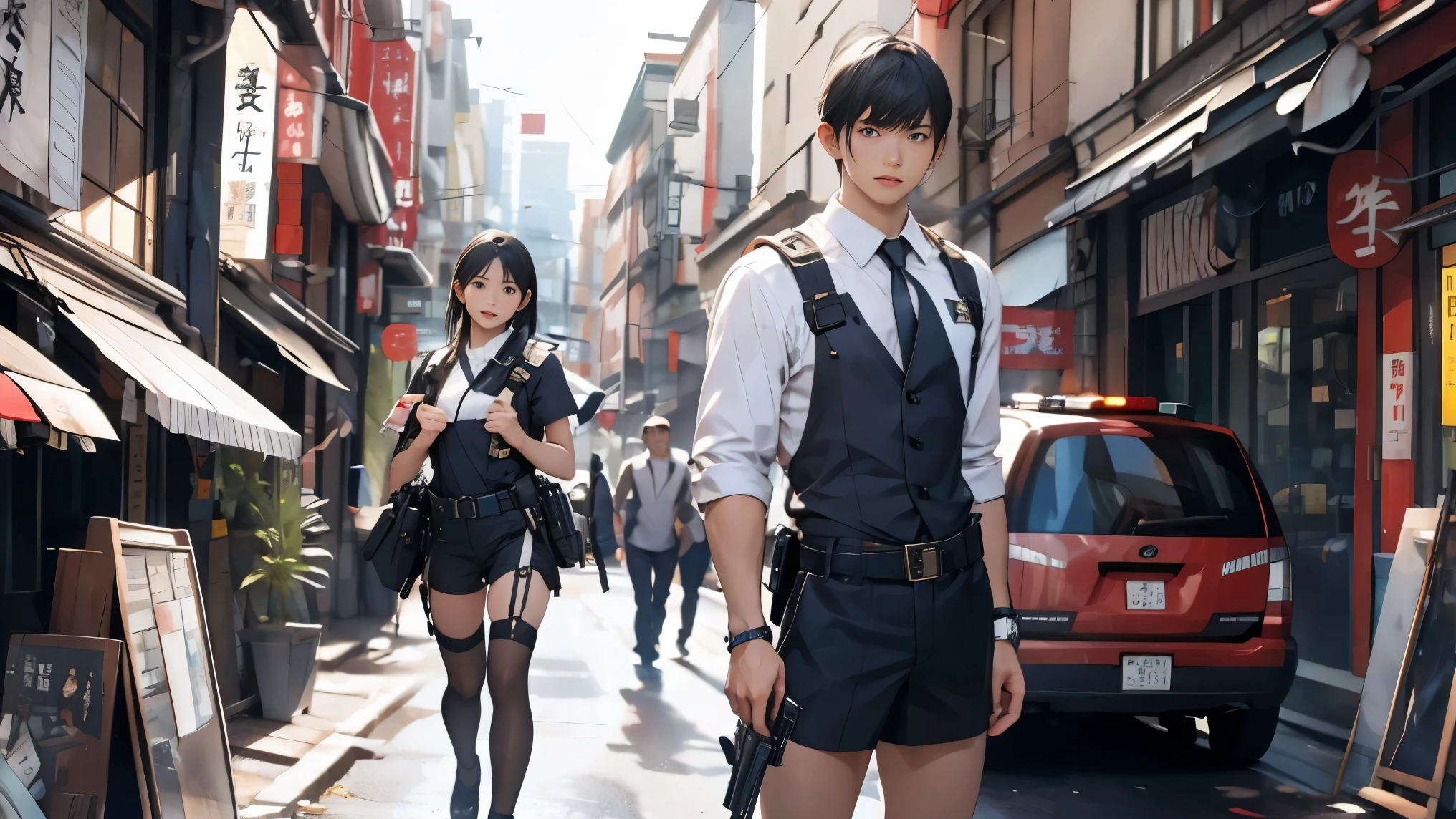 high resolution、High definition、High sensitivity、8k.Japanese、、1、cute、Idol face、Two Side Up Hair、slender、Mid-chest、(black and white high leg bodysuit:1.2)、See-through、Harness Belt、Gun Holder、(POLICE armband:1.3)、Vibrant、(Hold a gun、Firing:1.3)、bustling street、