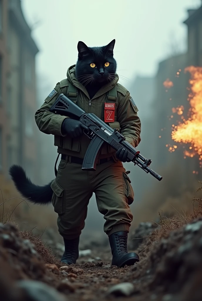 A black cat fighting against Ukraine with a rifle in his hand, wearing military clothing and with the letter Z in white on his arms and helmet. He is in the trenches. He hates Ukraine. His clothing is more modern. He is exchanging shots with the Ukrainians in the trenches. Realistic 4k, but Russian. There are dead people on the ground. 4k and an AK47.