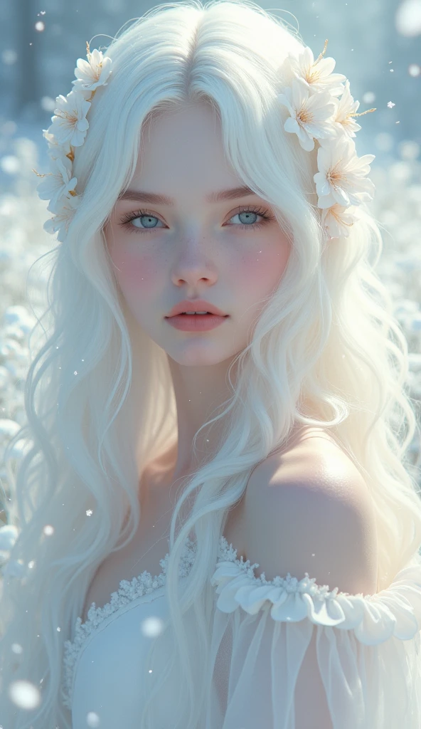 ((masterpiece)), best quality, 1024k UHD wallpaper, ultra-high resolution, expressive eyes, (HDR), ((gorgeous illustration)), ((Epic Light and Shadow)), (perfect details), (Vibrant), dazzling, luminous, glamorous, radiant, Soft, bright, shine, endless, (beautiful detailed face), (beautiful detailed eyes), (Detailed clothes), (Perfect Anatomy), (Perfect Eyes), (Perfect Face), (Looking at viewer), (From front), ((1Girl)), (Albino girl), ((White Hair, Long wavy hair, Shining hair)), (White Flower Hair Decorations), (White eyes, shining Eyes), (White Eyeslashes, Thick Eyeslashes, Mascara), ((White Long Snow Dress)), beautiful Face, Pretty face, Stunning, sparkling, Glowing, Mezmerize, white skin, pale skin, Bokeh, ((Amazing Scenery)), (White Flower field, White Flower Garden, snow field, snow), (snow fall), (snow flakes), (Breeze), (White Flower petals), (Glitter Particles), (Shimmering effect), white eyelashes, confident, elegant, beautiful, 
