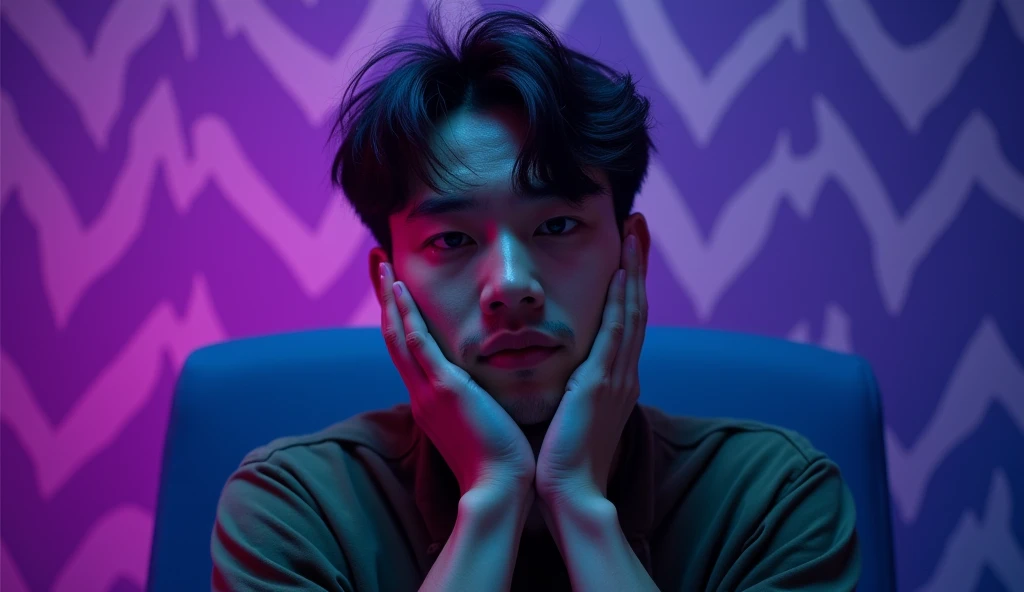A Japanese male college student wearing fashionable clothes is depressed with a gloomy expression, holding his head in a blue chair under the spotlight,Excited, Photo of your face, Purple pattern background, with a natural look, With a slightly tired look, tilt your face a little, Diagonal orientation, Average face
