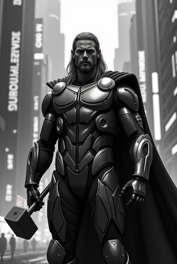 Thor with RoboCop costume in cyberpunk scenery in black and white colours grading