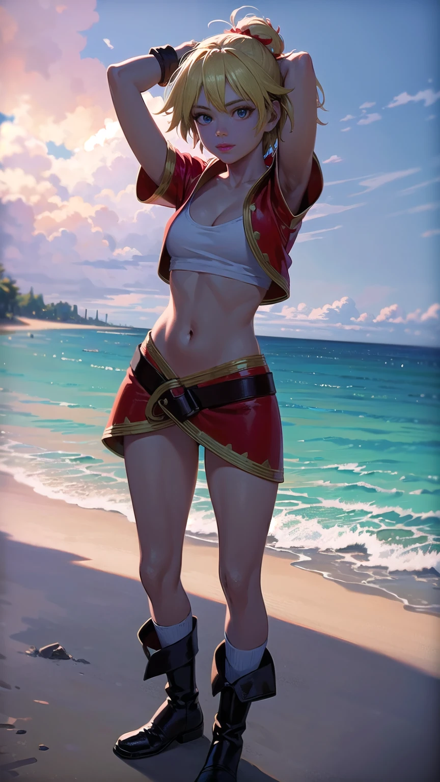 1 girl, kid from chrono cross, standing on white sandy beach, arms behind head, loose leather boots, ankle wraps, detailed face, detailed eyes, detailed lips, highly detailed, 8k, hyperrealistic, cinematic lighting, vivid colors, dramatic shadows, volumetric fog, masterpiece, award winning art, wide angle, (full length portrait), strong_negative, micrsk3rt 