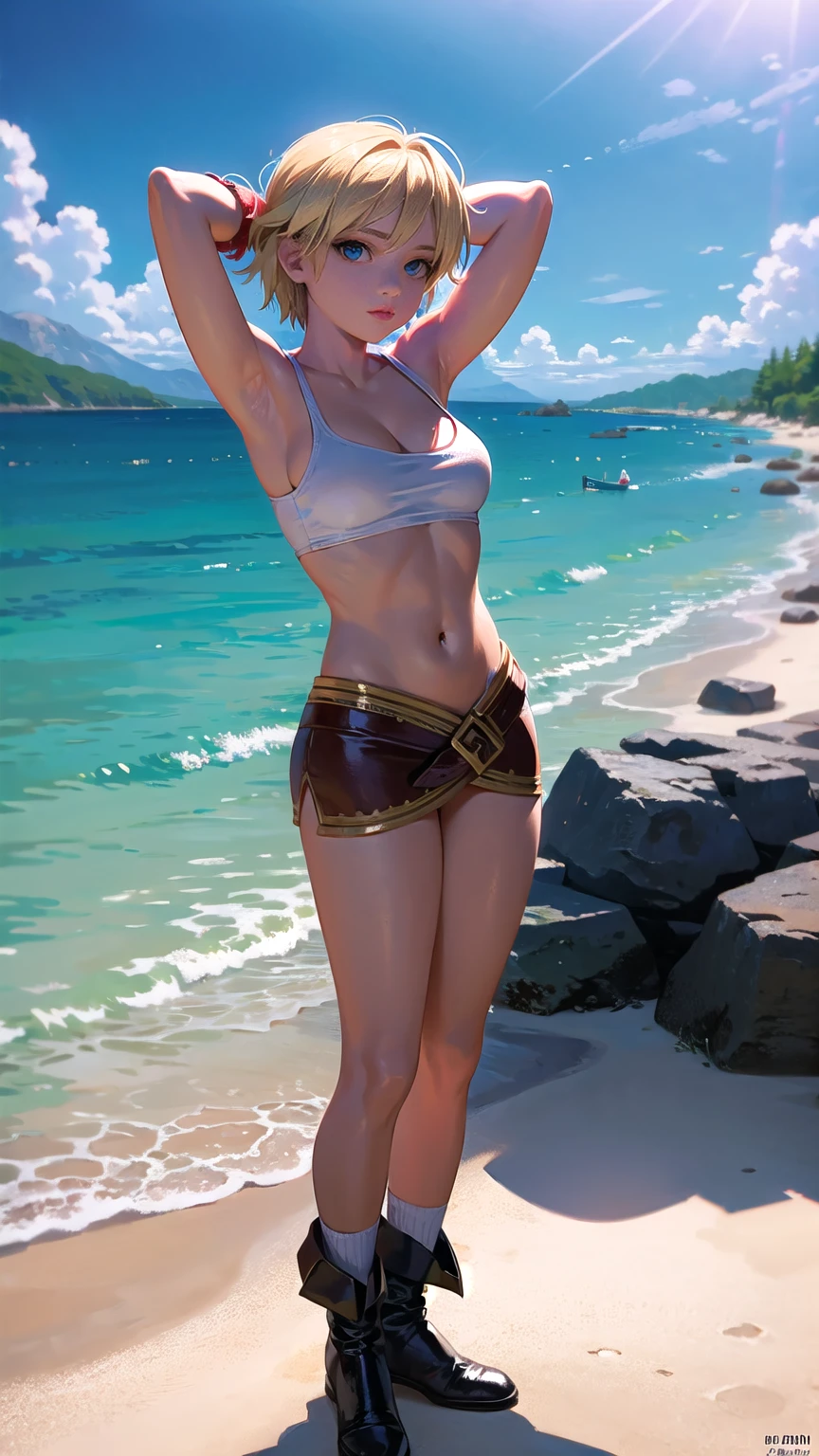 1 girl, kid from chrono cross, standing on white sandy beach, arms behind head, loose leather boots, ankle wraps, detailed face, detailed eyes, detailed lips, highly detailed, 8k, hyperrealistic, cinematic lighting, vivid colors, dramatic shadows, volumetric fog, masterpiece, award winning art, wide angle, (full length portrait), strong_negative, micrsk3rt 