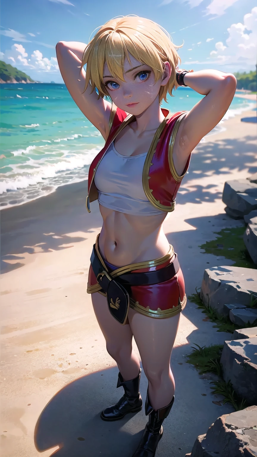 1 girl, kid from chrono cross, standing on white sandy beach, arms behind head, loose leather boots, ankle wraps, detailed face, detailed eyes, detailed lips, highly detailed, 8k, hyperrealistic, cinematic lighting, vivid colors, dramatic shadows, volumetric fog, masterpiece, award winning art, wide angle, (full length portrait), strong_negative, micrsk3rt 