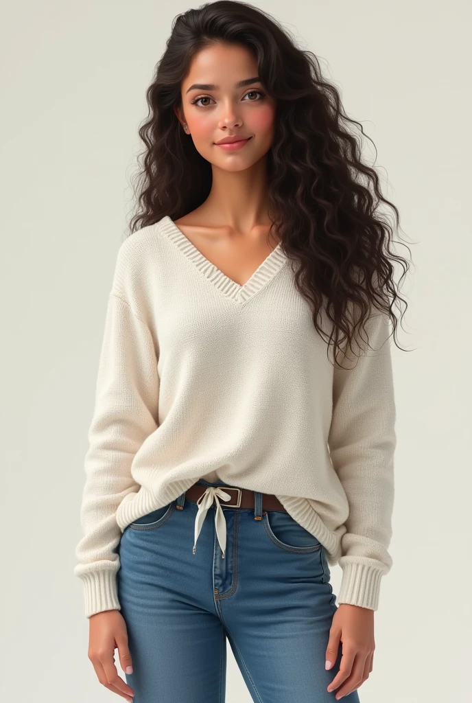 I want you to create an avatar of a girl. I want her to be visible from head to toe and have medium build., With long curly hair, by tez morena, dark brown eyes and wearing a white sweater and jeans