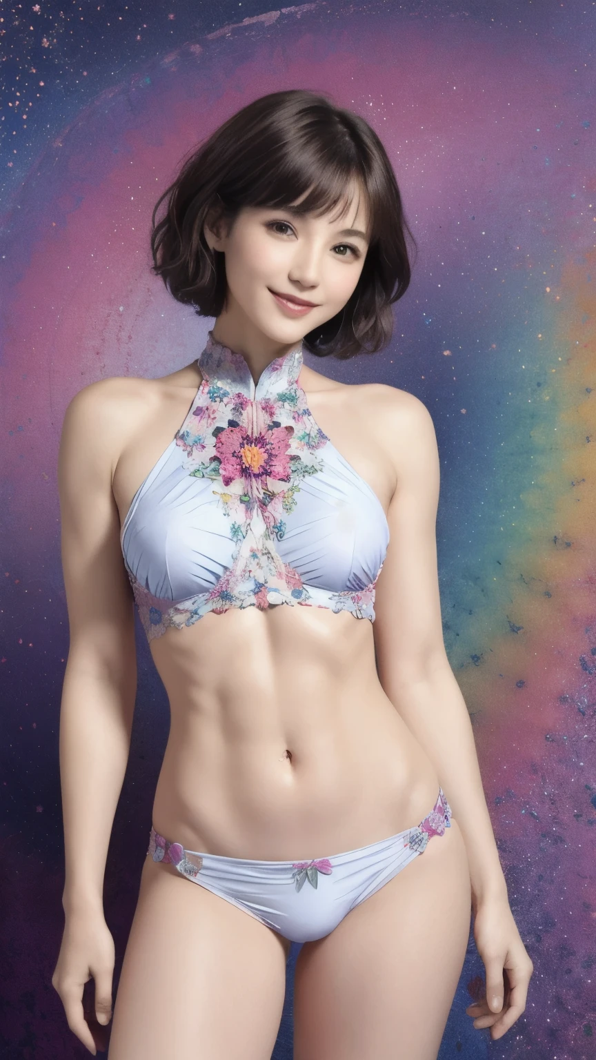 275 (20-year-old woman,short hair), (beautiful:1.1), (Fractal Art:1.2), (flower), whole body, (Abstract background:1.3), (Many colors:1.4), (Old-fashioned smile), Abdominal muscles, (Wave)