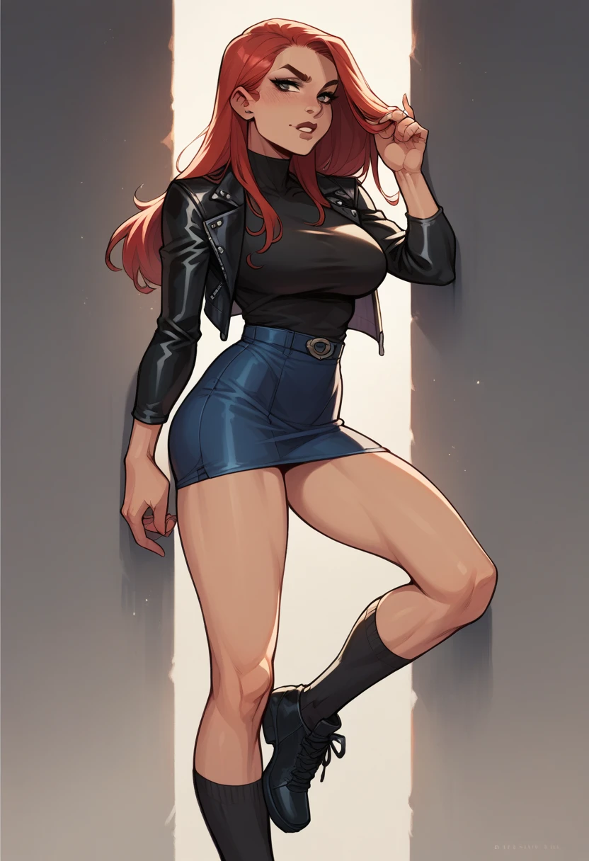 Sexy,Superheroine, Red hair, long hair, busty, ((dark blue short skirt, black blouse with a leather jacket)), thighhigh socks, shoes