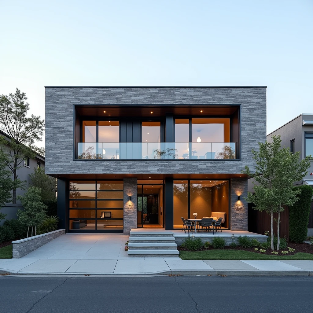 (mejor calidad)), ((Obra maestra)), (detallado), a photograph of a modern two-story house with a flat roof, featuring large glass windows and a stone facade. The house has a sleek design with clean lines and a contemporary architectural style, in a strret outside newyork, fran slivestre architect.