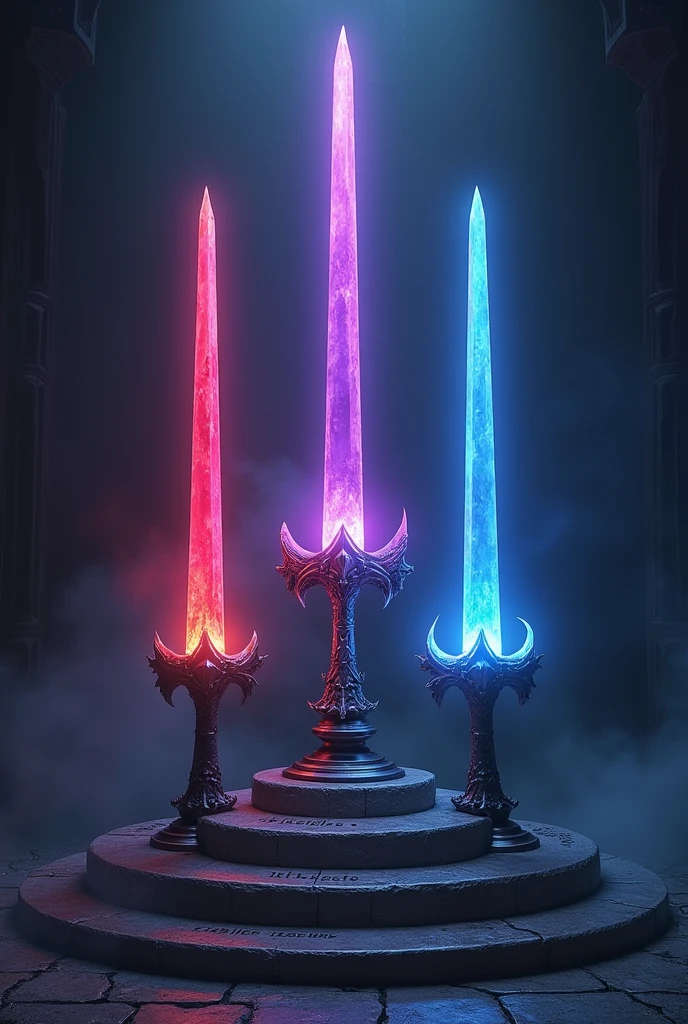 Within a location, there is a kind of altar, above which there is a pedestal where, Around her, everything was dark, but where the swords lay was clear as day. Where the three swords of different appearances were placed, they were partially thin, with straight and polished crystal blades, of tall stature, measuring on average 1,80 a 1,82 meters high each. Em suma, they have three colors: the purple one is for the one on the right, the blue one is for the one on the left, e the red one é para a do centro, a color for each of them. however, there were only two swords left on the pedestal; the third sword, blue in color, had disappeared, and its pedestal was on display, as well as those of the others. Each one had a name, down, in front of the feet of their pedestals: the purple one was called *Powerful Screw*, the red one, A sua volta, was called *Streets of Valente*, and the blue one had the nomenclature of *Generation Ändern*. The remaining two swords were shining brightly., as if they were new or newly forged, a espadthe red one é a que deve ficar no centro, the blue one on the left, e a roxa na direita da espadthe red one.