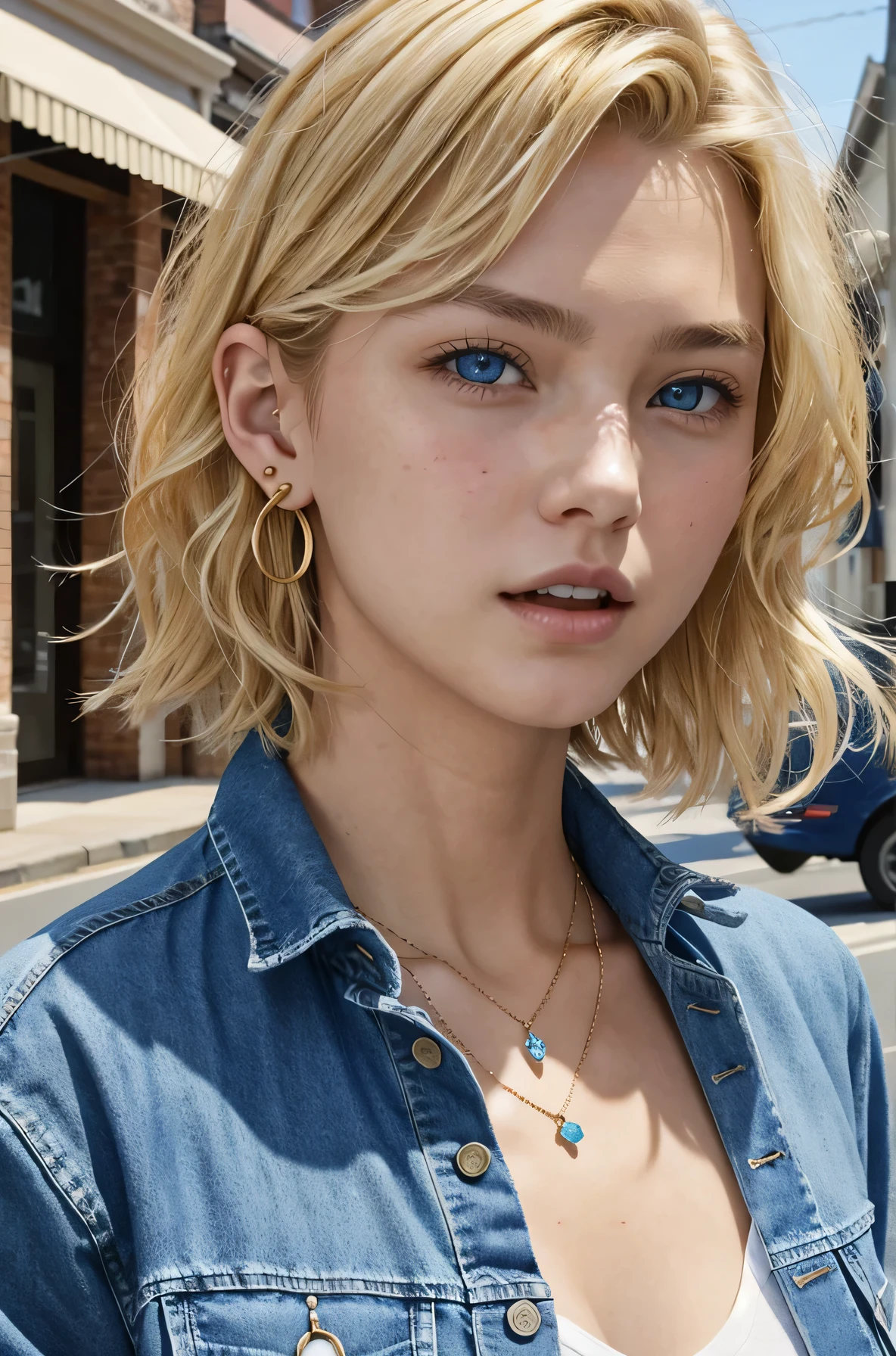 Blonde Caucasian Woman、, Wavy Hair、Short Haircut、, blue eyes,、Open your mouth a little、Denim jacket、shirt、Ear piercing、necklace、、The background is a town street
