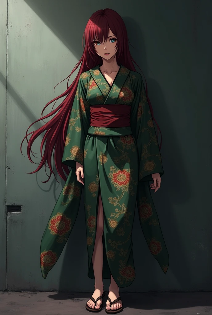 The image is anime style with shadows and dim lights, anime style although somewhat adult and dark, It features a single 3 adult woman with heterochromia., She has one brown eye and her other eye is blue and she wears a beautiful oversized green and red yukata.; He also wears sandals. She has very long and loose hair., dark red. She looks calculating and shrewd.. The background of the image is a grey wall.