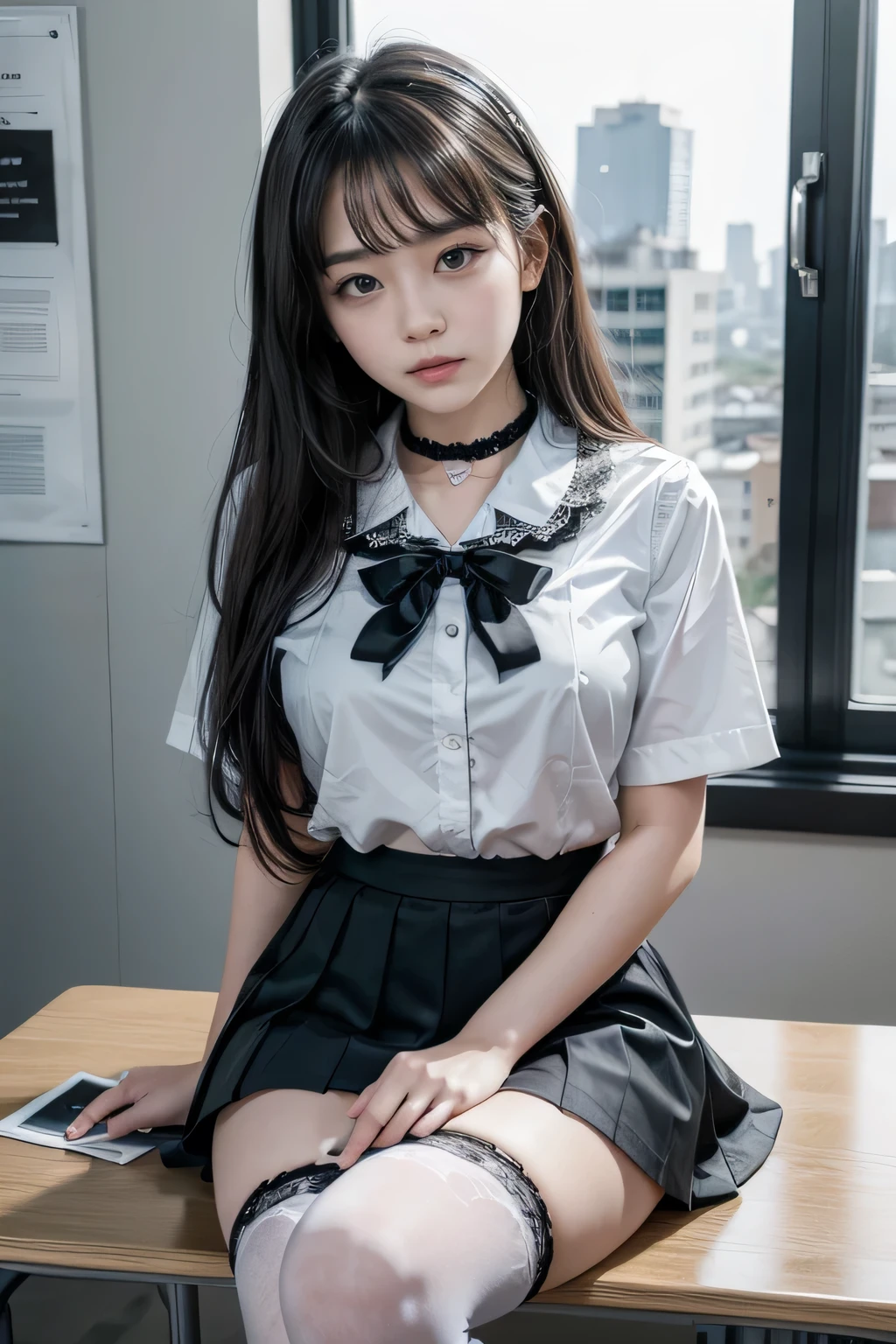 , School girl, white and black uniform, white and black skirt, black lace choker, white lace thigh highs, looking at viewer, class room background, sitting on desk, seductive, dark eyeliner, sexy eyeliner,