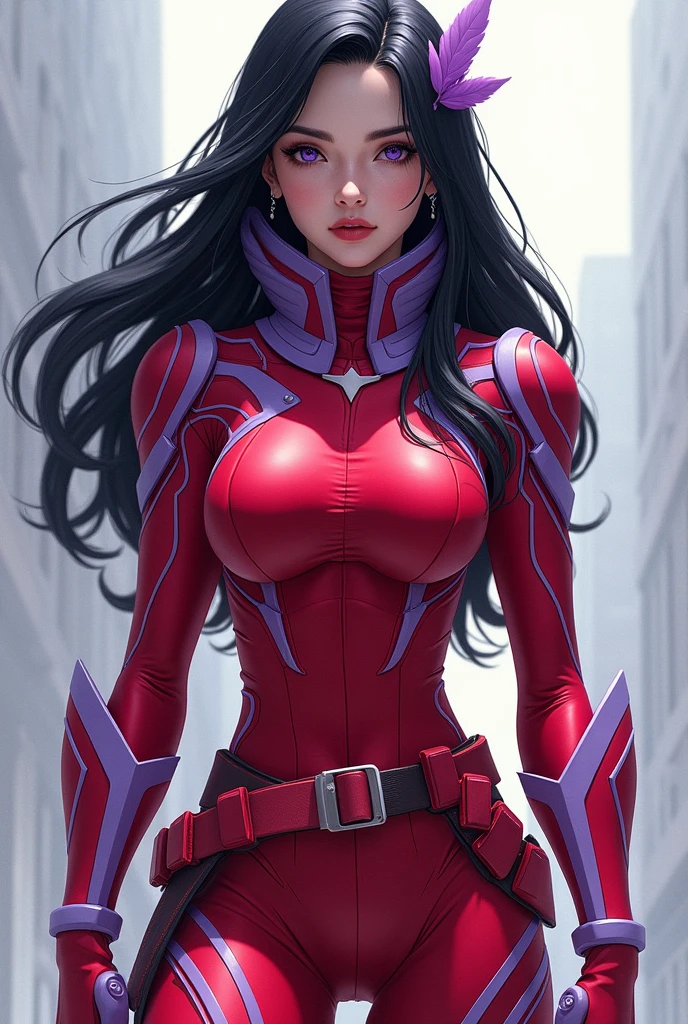 Create an image of a heroine&#39;s uniform, in red and lilac colors, with a red neck protector with lilac details.Neck collar style, covering the entire neck.Red utility belt with lilac pockets, Bblack hair, loose with lilac accessory.
Must have the exotic neck protector.