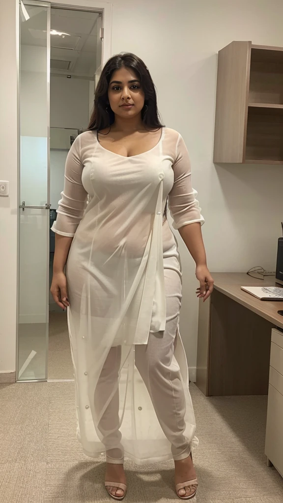 Day scene, A radiant, full-figured South Indian 3 aunty a white colour chiffon fully transparent kurta, bra visible through kurta, ,standing, in a office captured in a full-body image with vibrant hues and meticulous details. Full body image