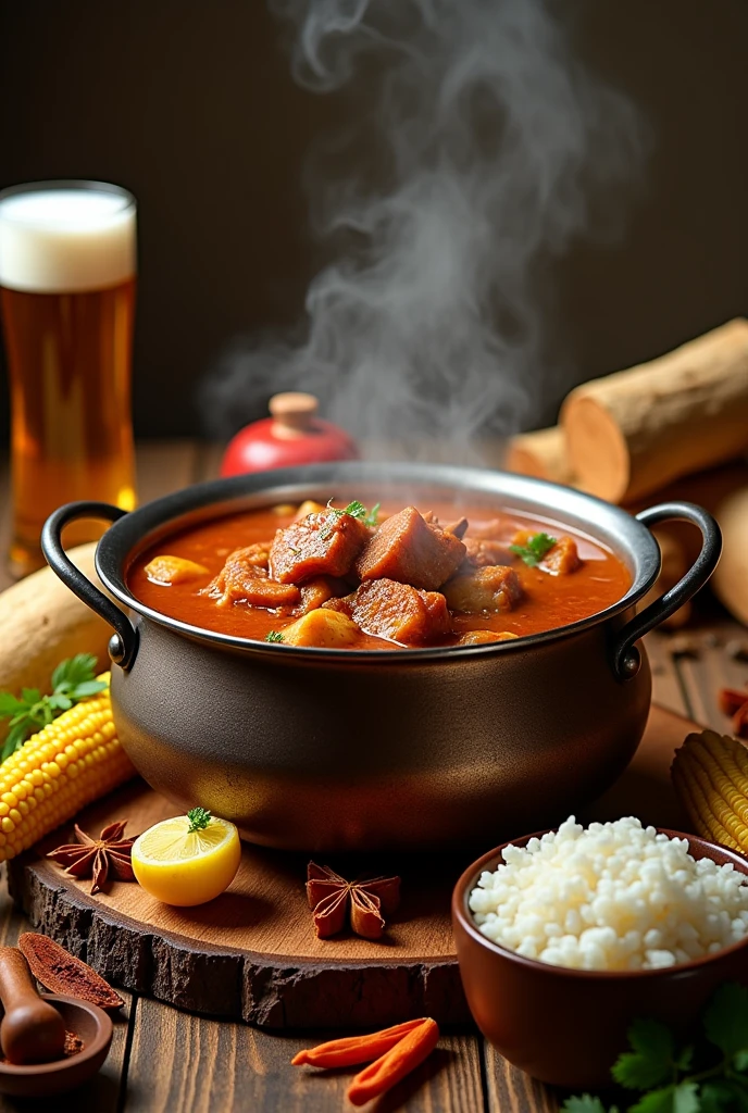 Advertisement for the sale of rib soup with potato, cassava and corn. Display a large steel pot to serve many people, with firewood, next to beer spices and rice, Attractive image to send on social networks and generate orders, country style