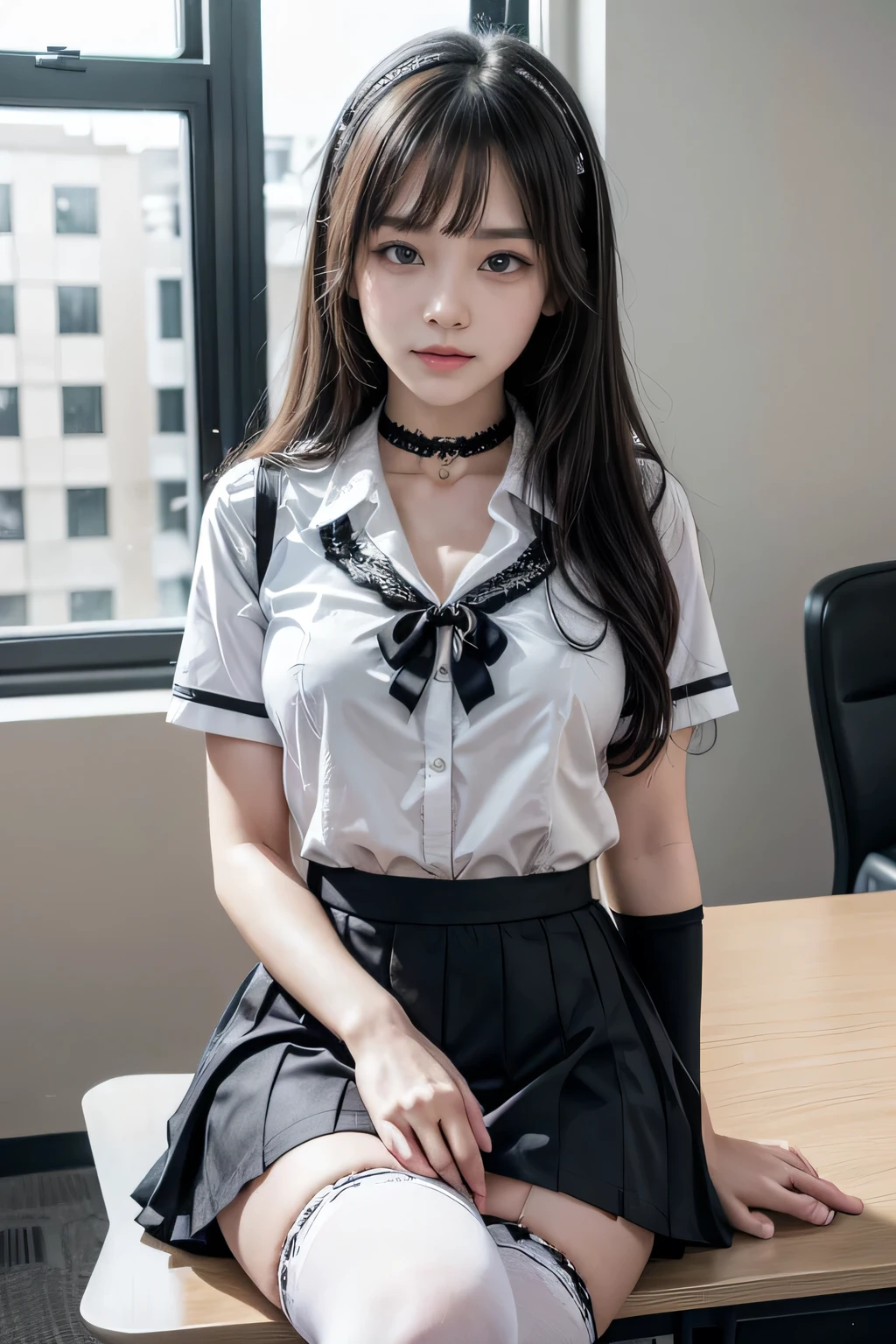(8K, RAW photography, top-quality, tmasterpiece:1.2), A woman who is、18 year old Japan,full bodyesbian.{Movie Angle、wide angles}(Realistic skin 1.4)、(((female high-school student、School uniforms、)))、{{{Batting Center 1.4、Hold Bat 1.4、Hold the bat with both hands}}}((School uniforms、Cut the shirt、pleatedskirt、pump、))、50mm lens、30 mm film、wide angles、(Long、hair straight、Smooth black hair)、(brunette color hair、The forehead is covered by bangs、)、Black eyes、shiny skins.beautiful delicate face、Beautiful delicate eyes、{smallunderboob、Sexy body type、Thick thighs}、Make a hole in each ear、