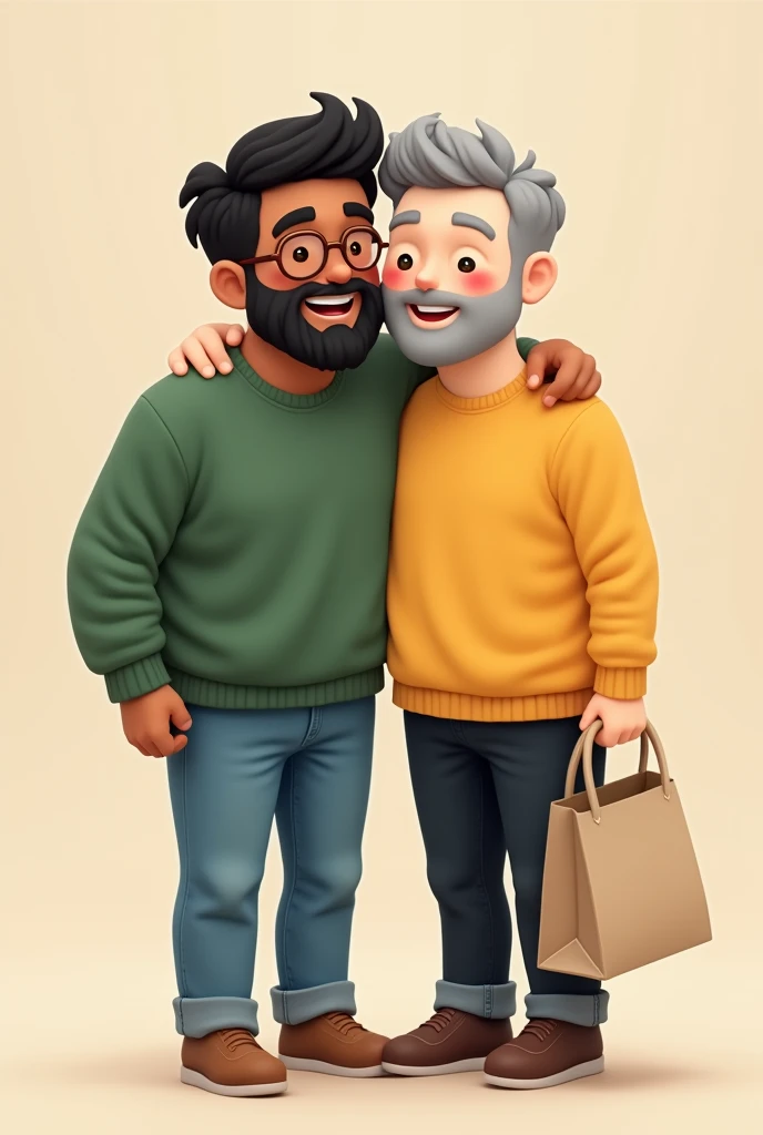 cute gay couple, chubby tanned boy,with short wavy black hair, brown eyes, with mustache and bushy beard, round brown glasses, with green sweatshirt and jeans and chubby white boy, green eyes, light gray hair, short beard, yellow sweatshirt and black pants, with beige ecobag