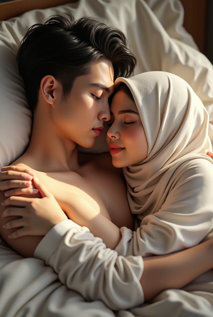 Wide top view, Highly detailed CG Unity wallpaper,full body, matured malay woman in hijab,45 year, glasses, big breast nipple, naked Next to him is a male his hand is tucking in the vagina girls, sleeping in living room portrait photography, lying in living room naked, mid shot photo, ultra detail, professional photograph with professional lighting, smile, light blue carpet, living room, sexy seducing sleep pose, slim,real,4k