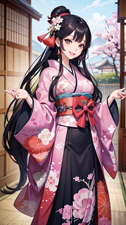 SeaArt creates stunning illustrations of beautiful women in kimono、A beautiful woman smiles and shows her upper white teeth、Vividly colored Japanese Ukiyo-e style illustrations、Brown-black long hair、Beautiful full body style、Beautiful and innovative digital paintings,、 Detailed digital anime art、Beautiful anime portraits、