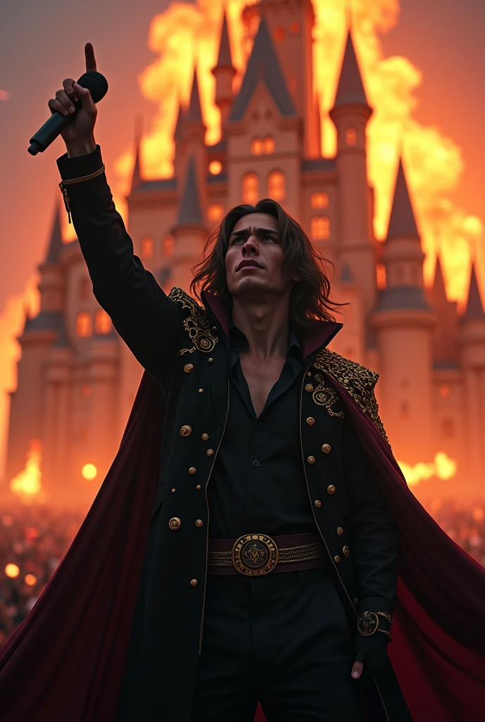 artwork best quality handsome american male ager long brown hair light skin with black cape and hooded coat on head with gold details black long sleeve shirt and black pants underneath intricate details singing holding a microphone seen from afar pointing upwards at a concert with a castle on fire behind him uhq details 8k